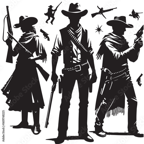 
Silhouette of a Cowboy on Horseback at Sunset

Western Cowboy Silhouette Against Dramatic Sky

Cowboy Riding Horse – Vintage Wild West Silhouette

Lone Cowboy Silhouette with Hat and Lasso

