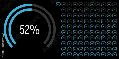 Set of circular sector arc percentage diagrams meters progress bar from 0 to 100 ready-to-use for web design, user interface UI or infographic - indicator with blue