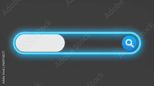 A digital hand presses a glowing blue search bar button on a gray background