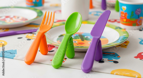 Joyful children's mealtime set with colorful cutlery and playful plates