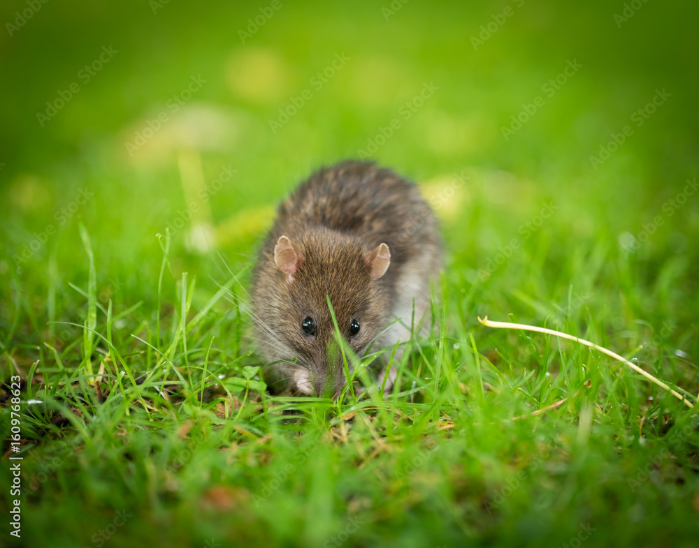 Wanderratte auf einer Wiese auf Nahrungssuche Wanderratte auf einer Wiese auf Nahrungssuche
