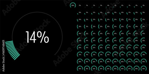 Set of circular sector arc percentage diagrams meters progress bar from 0 to 100 ready-to-use for web design, user interface UI or infographic - indicator with green