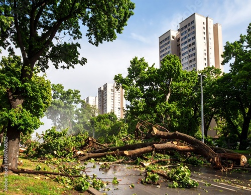Storm-damaged city street with fallen trees. Lush green trees line the street, amidst apartment buildings.  Fallen branches and logs litter the roadway