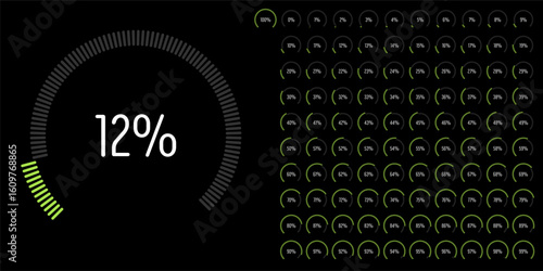 Set of circular sector arc percentage diagrams meters progress bar from 0 to 100 ready-to-use for web design, user interface UI or infographic - indicator with green
