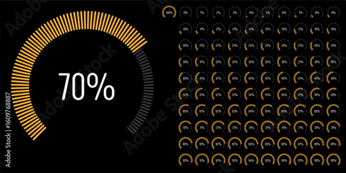 Set of circular sector arc percentage diagrams meters progress bar from 0 to 100 ready-to-use for web design, user interface UI or infographic - indicator with yellow