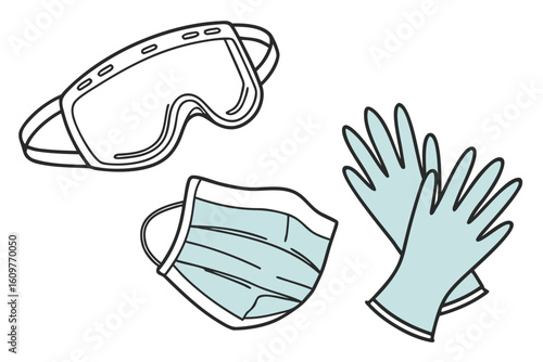 Illustration of Protective Gear Depicting Medical Mask Gloves and Goggles for Healthcare Professionals and Safety in Health Crisis