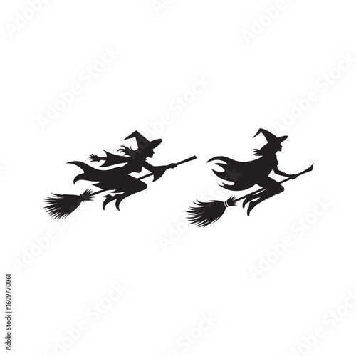 Two Witches Flying on Brooms in Silhouette.Silhouette illustration of two witches flying on broomsticks against a plain white background.