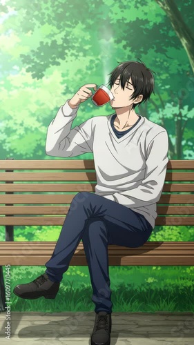 A person enjoys a cup of tea while sitting on a bench in a lush green park during midday