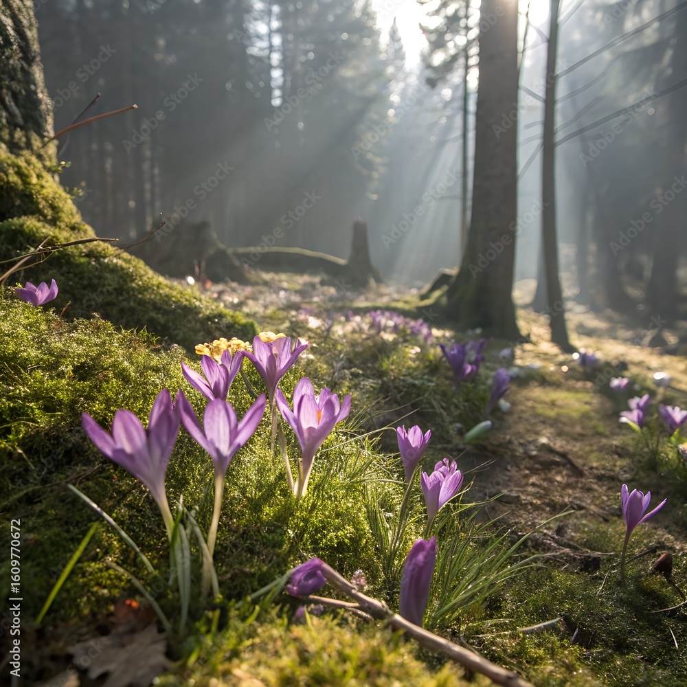 Naklejka premium Spring blossoms and colorful wild flowers grace a beautiful mountain meadow shrouded in fog