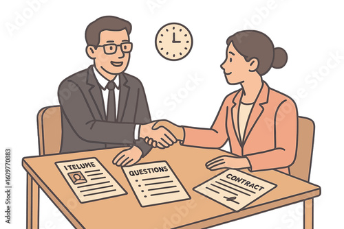 Caucasian male employer interviewing asian female candidate in office setting