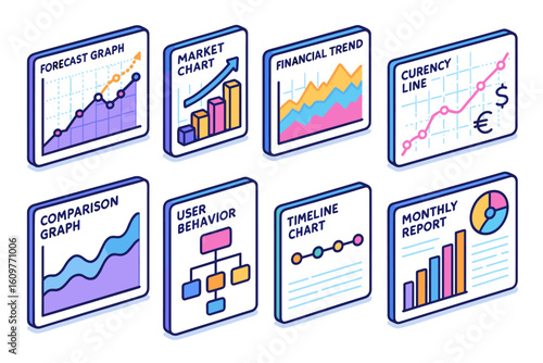 Eight business charts: forecast, market, financial, currency, comparison, behavior, timeline, report