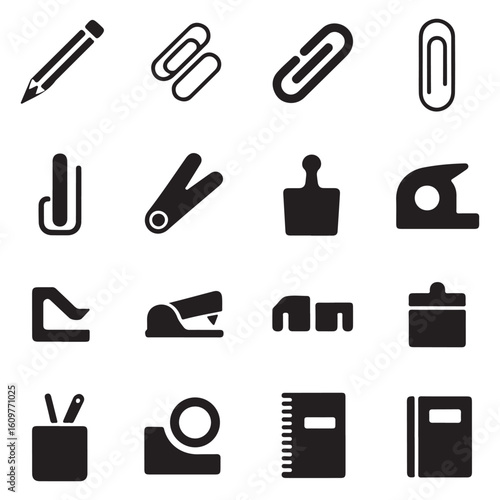 Essential office supply icons flat black style
