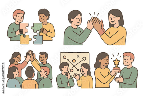 Teamwork and collaboration with diverse young adults solving puzzles and celebrating success