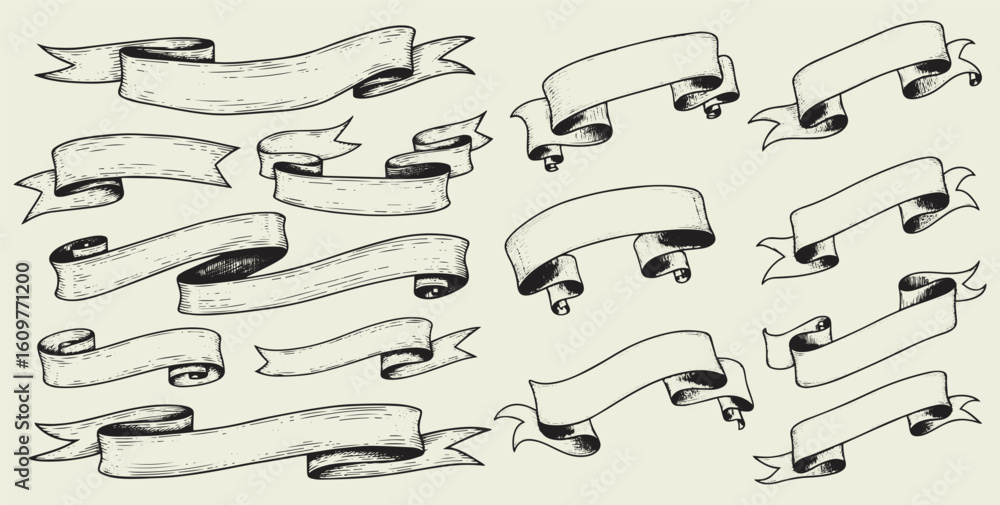 © SaHeD - Collection of hand drawn vintage style blank ribbons and banners for text and decoration isolated on light background