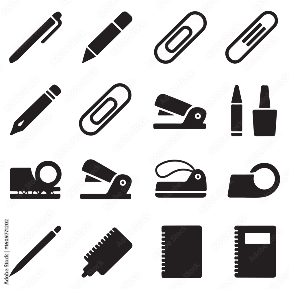 Obraz premium Productivity essentials icon set black office tools