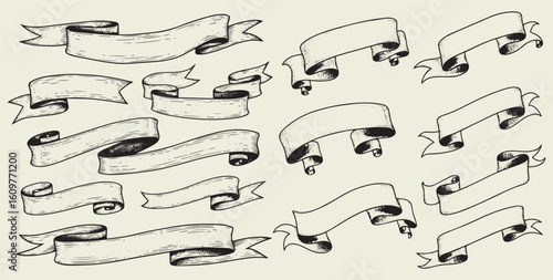 Collection of hand drawn vintage style blank ribbons and banners for text and decoration isolated on light background