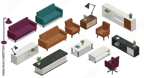 Isometric modern furniture set with sofas, chairs, tables, and bookshelves in vibrant colors