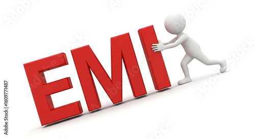 A 3d stick figure struggles to push a large red emi text on white background