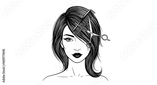 Elegant hairdressing art: woman with scissors in hairline style