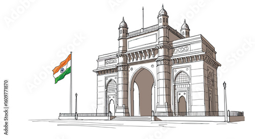 Linear cityscape drawing of gateway arch monument with indian flag