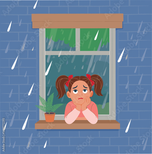 Sad little girl looking out window on rainy day, feeling bored or lonely, melancholic mood, indoor activity, bad weather blues, childhood emotion, home scene illustration.