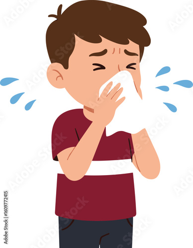  Young boy sneezing into tissue, runny nose and allergies symptoms, common cold or flu, health and hygiene concept, childhood sickness, medical illustration.