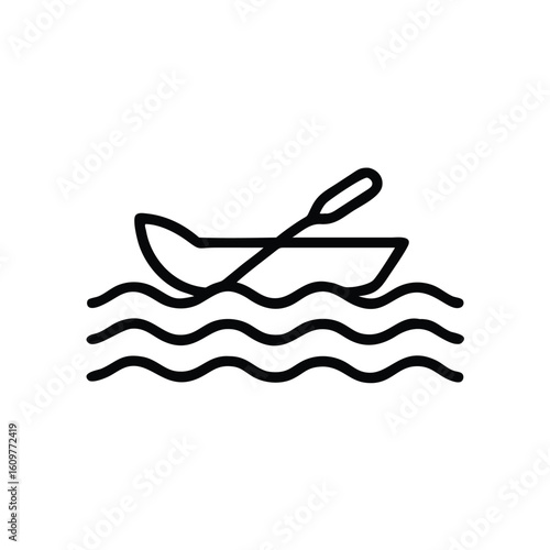 Minimalist outline canoe with paddle on wavy water boat wave