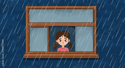 Sad little girl looking out window on rainy day, feeling bored or lonely, melancholic mood, indoor activity, bad weather blues, childhood emotion
