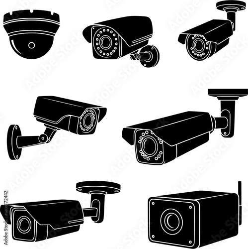 Set of Black Security Camera and CCTV Icons