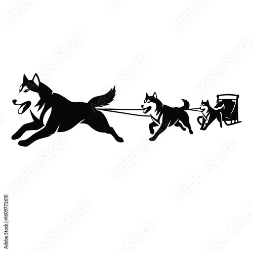 A powerful dog sled team in a dynamic silhouette, a vector graphic icon usable in digital formats like Content-Type application/json files.