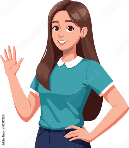 Cheerful young woman waving hand with friendly smile, expressing welcome, greeting, or showing agreement, positive emotions, approachable gesture, cartoon character illustration.