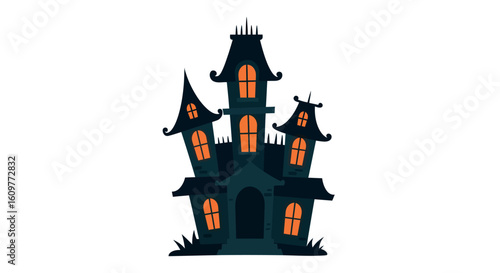 Spooky haunted house with glowing windows and dark spires