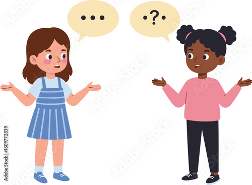 Diverse little girls with speech bubbles, communication and confusion concept, asking questions, problem solving, kids interaction, understanding dialogue, blank space for text.