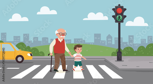 Grandfather and grandson safely crossing street at crosswalk with green light, road safety education, intergenerational bond, urban environment, pedestrian awareness, family care illustration.