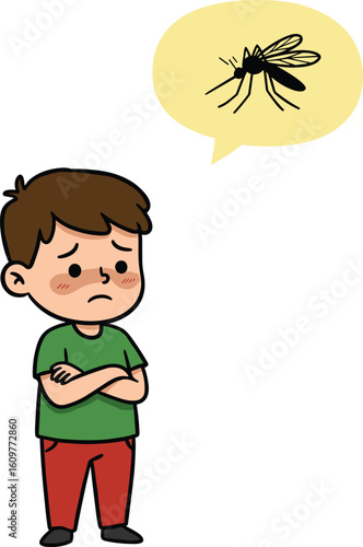 Upset young boy worried about mosquito bites, thinking of insect pest, dengue or malaria prevention, health concern, summer nuisanc