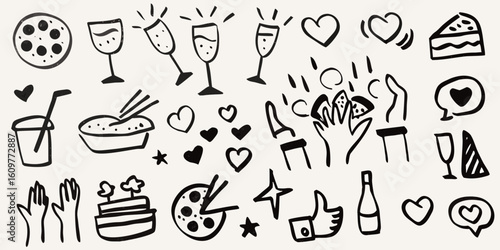 Hand drawn celebration doodles with food drinks and happy symbols