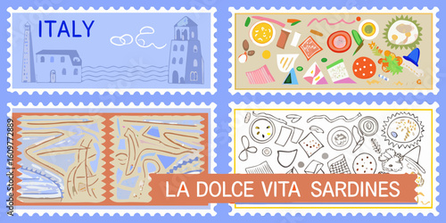 Italian themed stamps featuring landmarks food and abstract art