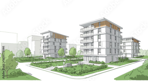 Modern residential building complex with green spaces in urban environment