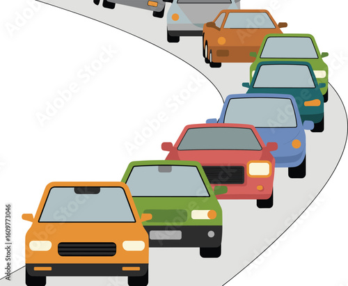  Cars stuck in heavy traffic jam on winding road, urban transportation challenges, daily commute congestion, city life problems, frustrating rush hour, modern infrastructure.