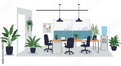 Modern office workspace with plants and water cooler in minimalist style