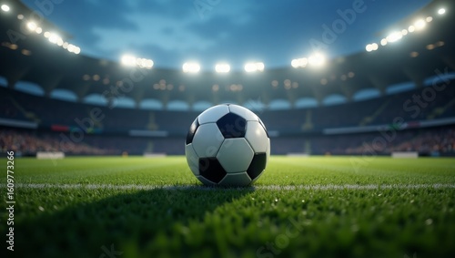 Soccer Ball on Stadium Pitch under Floodlights – Night Game Atmosphere