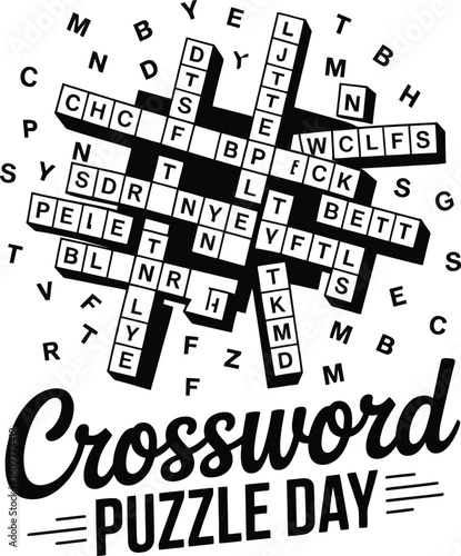 Black and white crossword puzzle with scattered letters and text vector