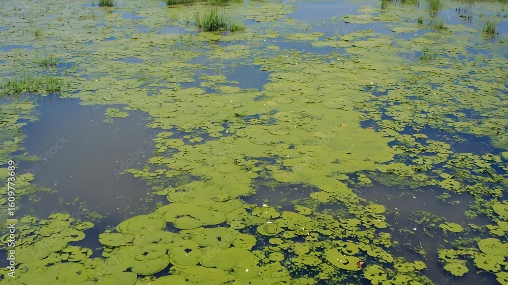 Static drone 4K view of light wind passing over algae-covered pond, subtle ripple motion, cinematic tones Static drone 4K view of light wind passing over algae-covered pond, subtle ripple motion, cinematic tones