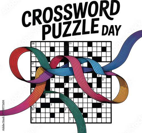 Colorful ribbons weave through crossword puzzle grid vector