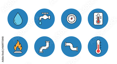 Blue circle icons representing water, temperature, fire, and pipes for utility and plumbing themes