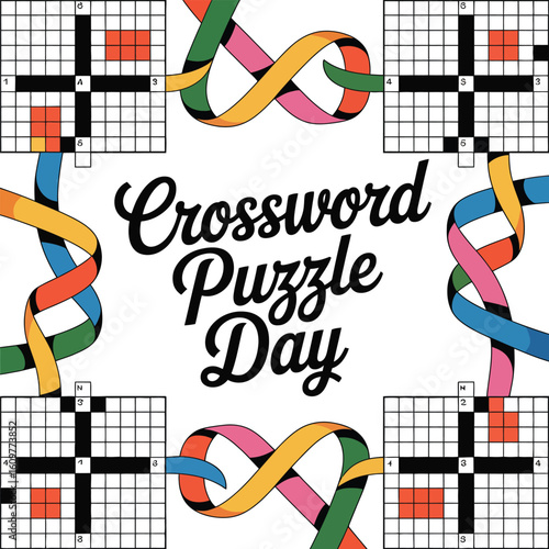 Crossword puzzle day celebration with colorful ribbons vector