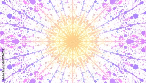 Pastel ink droplets forming geometric starburst pattern with soft colours and artistic abstract design on white background.

