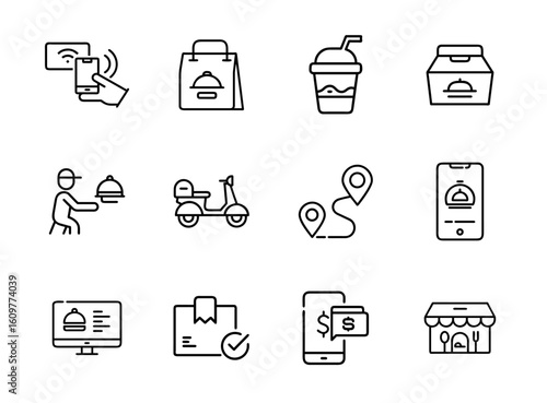 Food delivery and mobile ordering icon set. Flat vector icons of food courier, online menu, delivery bag, tracking app, and mobile food order.