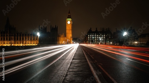 Night city street with light trails and buildings