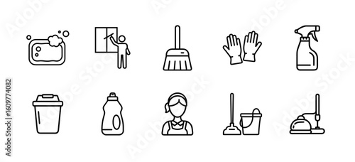 Home cleaning and housekeeping icon set with vacuum cleaner, mop, detergent, washing machine, bucket, and tools - flat icon